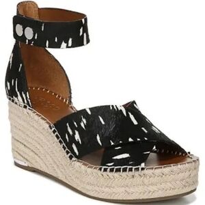 Franco Sarto Black White Calf Hair Leather Espadrille Ankle Wedge Sandals 10